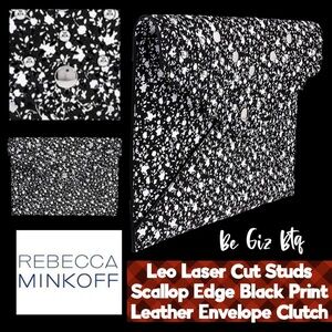🆕Rebecca Minkoff Leo Laser Cut Studs Scallop Edge Black Leather Envelope Clutch